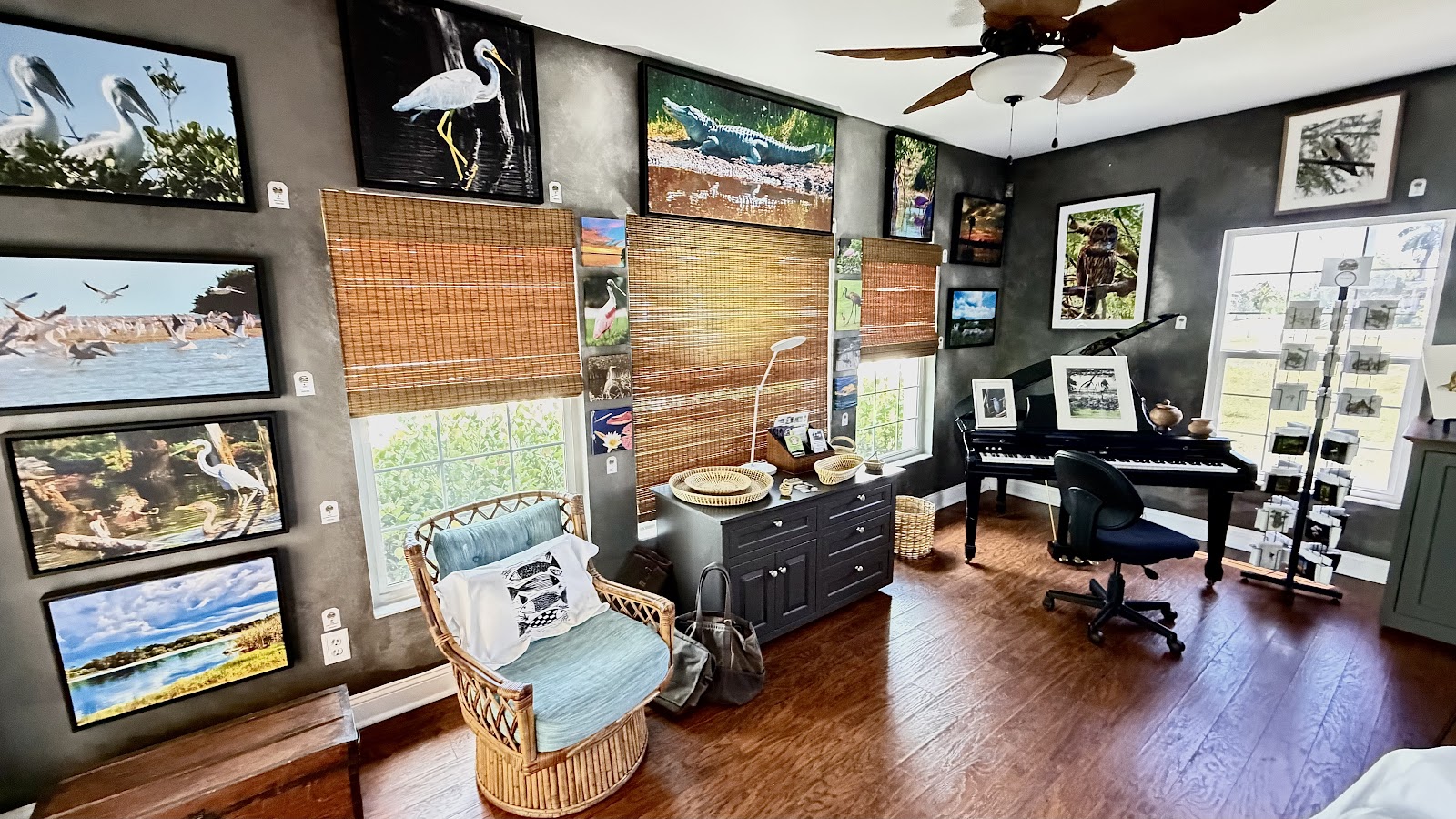 Inside the 4th Quarter Everglades Art Gallery with wildlife artwork on dark walls